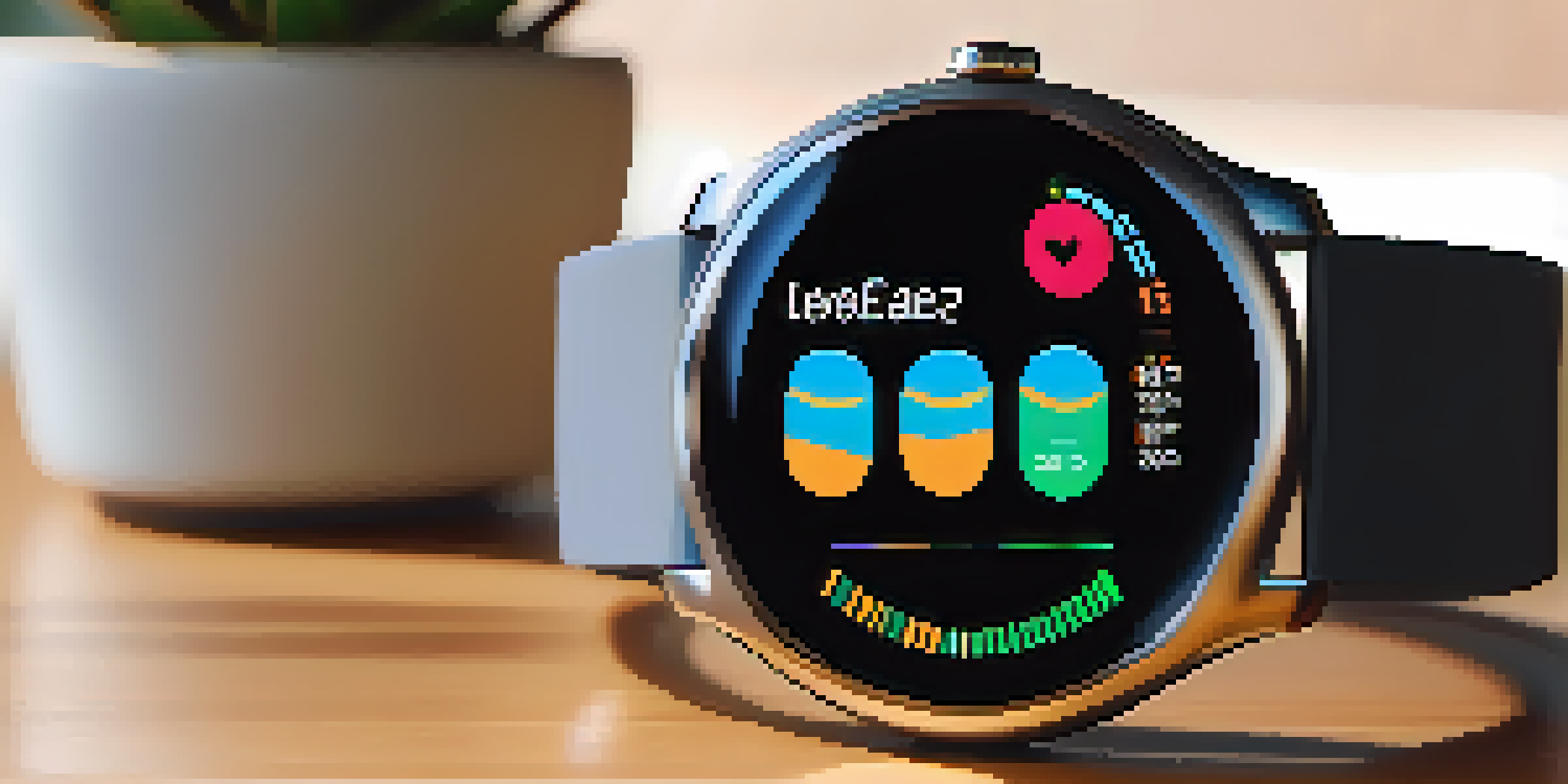A smartwatch showing health data on a wooden table with a plant and coffee cup in the background.