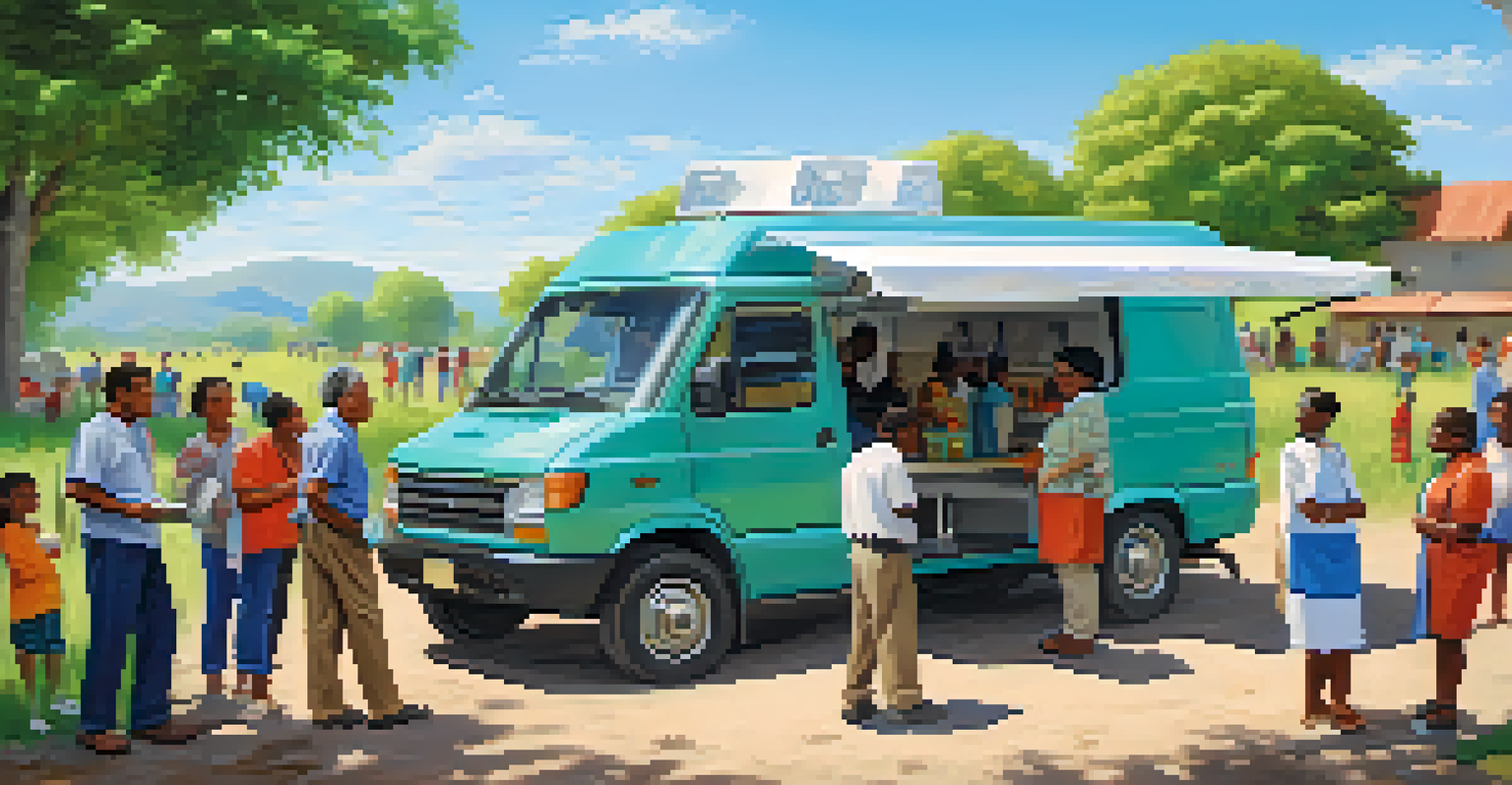 A mobile health clinic in a rural area with community members receiving health screenings from friendly volunteers.