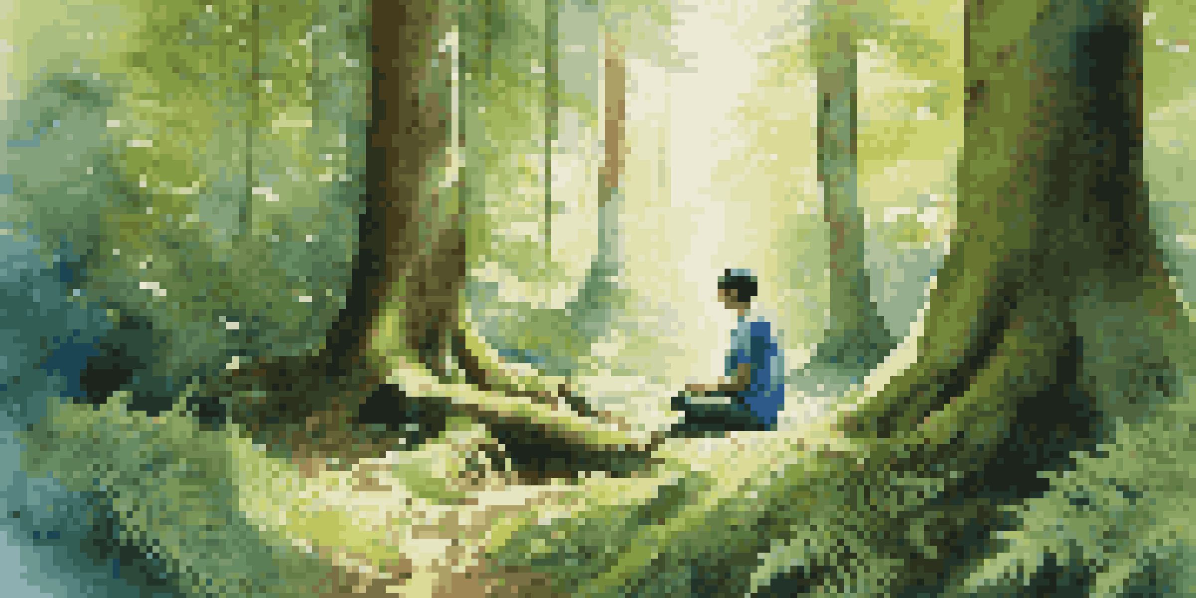 A person meditating in a peaceful forest with sunlight filtering through the trees.
