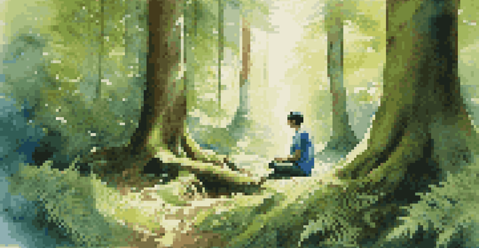 A person meditating in a peaceful forest with sunlight filtering through the trees.