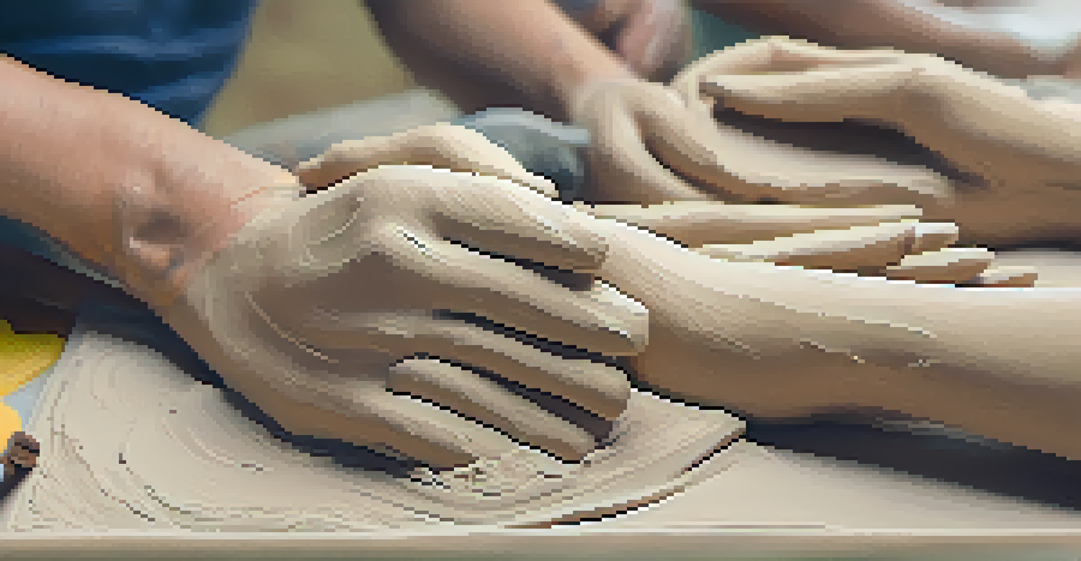 Close-up of hands shaping clay during a calming art therapy session, showcasing the textures of the clay.