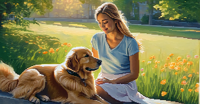 A person sitting on a park bench, petting a golden retriever during sunset, with trees and flowers around.