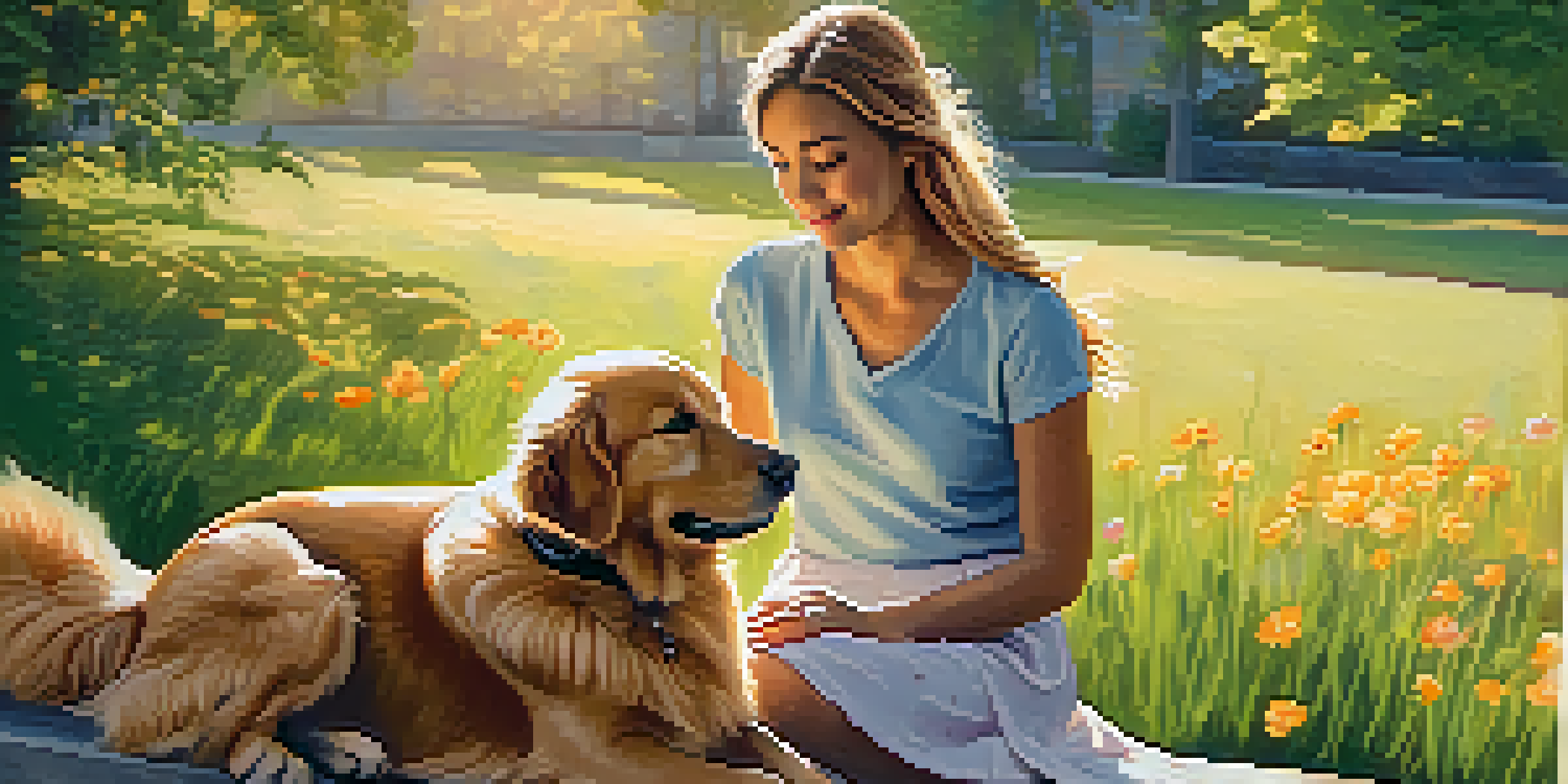A person sitting on a park bench, petting a golden retriever during sunset, with trees and flowers around.