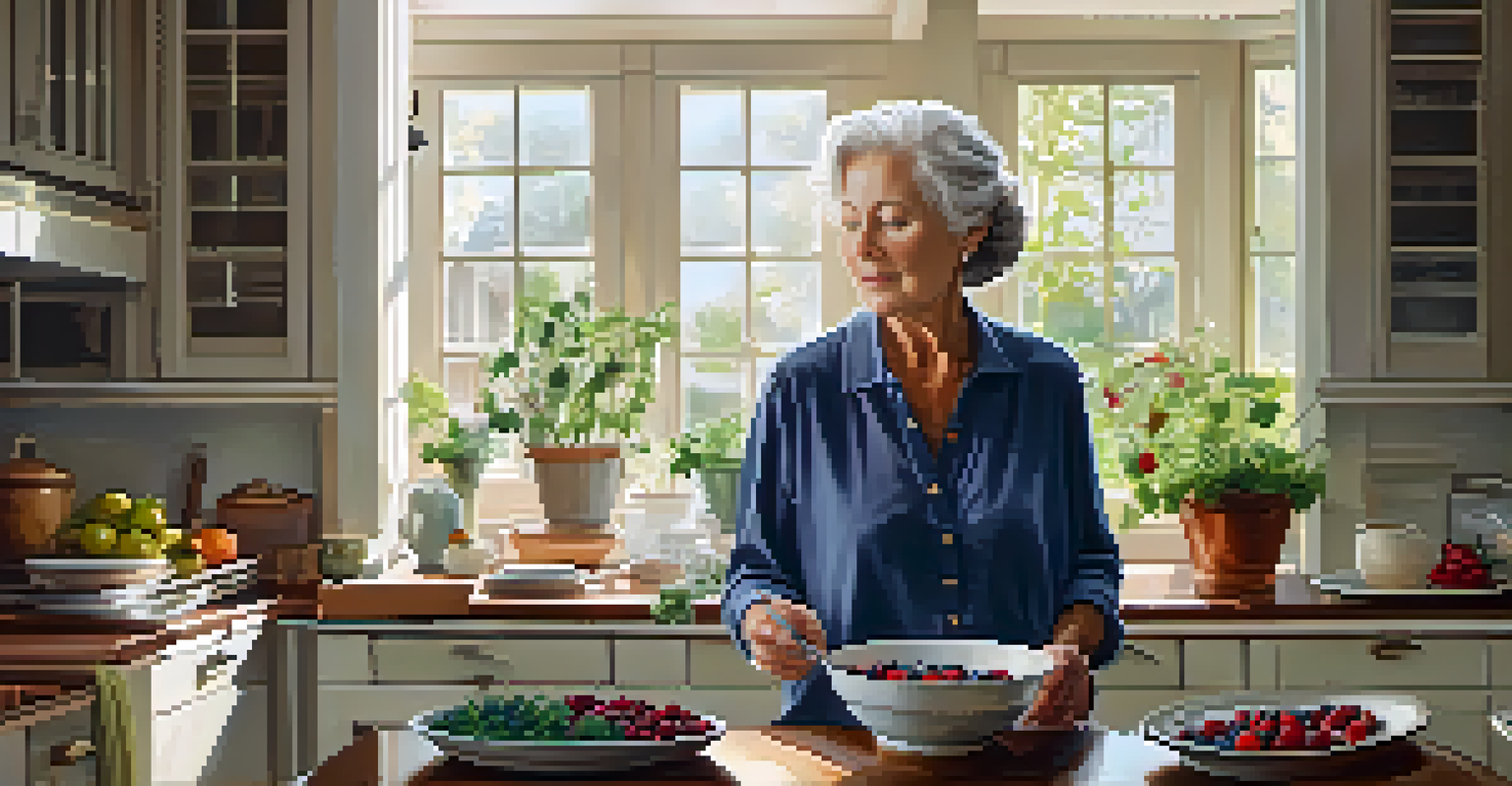 An elderly person enjoying a bowl of berries in a cozy kitchen, embodying mindful eating.