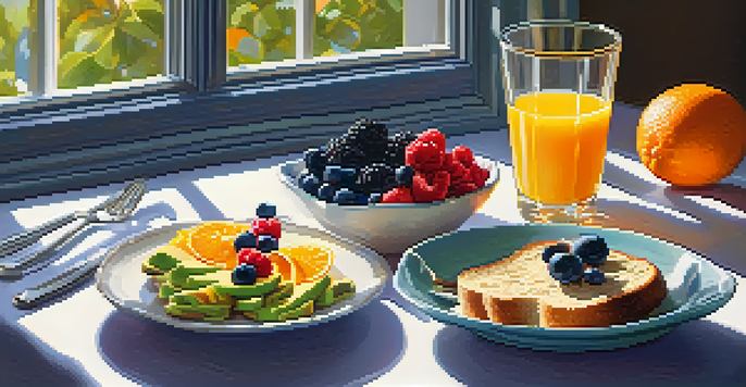 A breakfast table filled with healthy foods like oatmeal with berries, avocado toast, and orange juice, illuminated by sunlight.