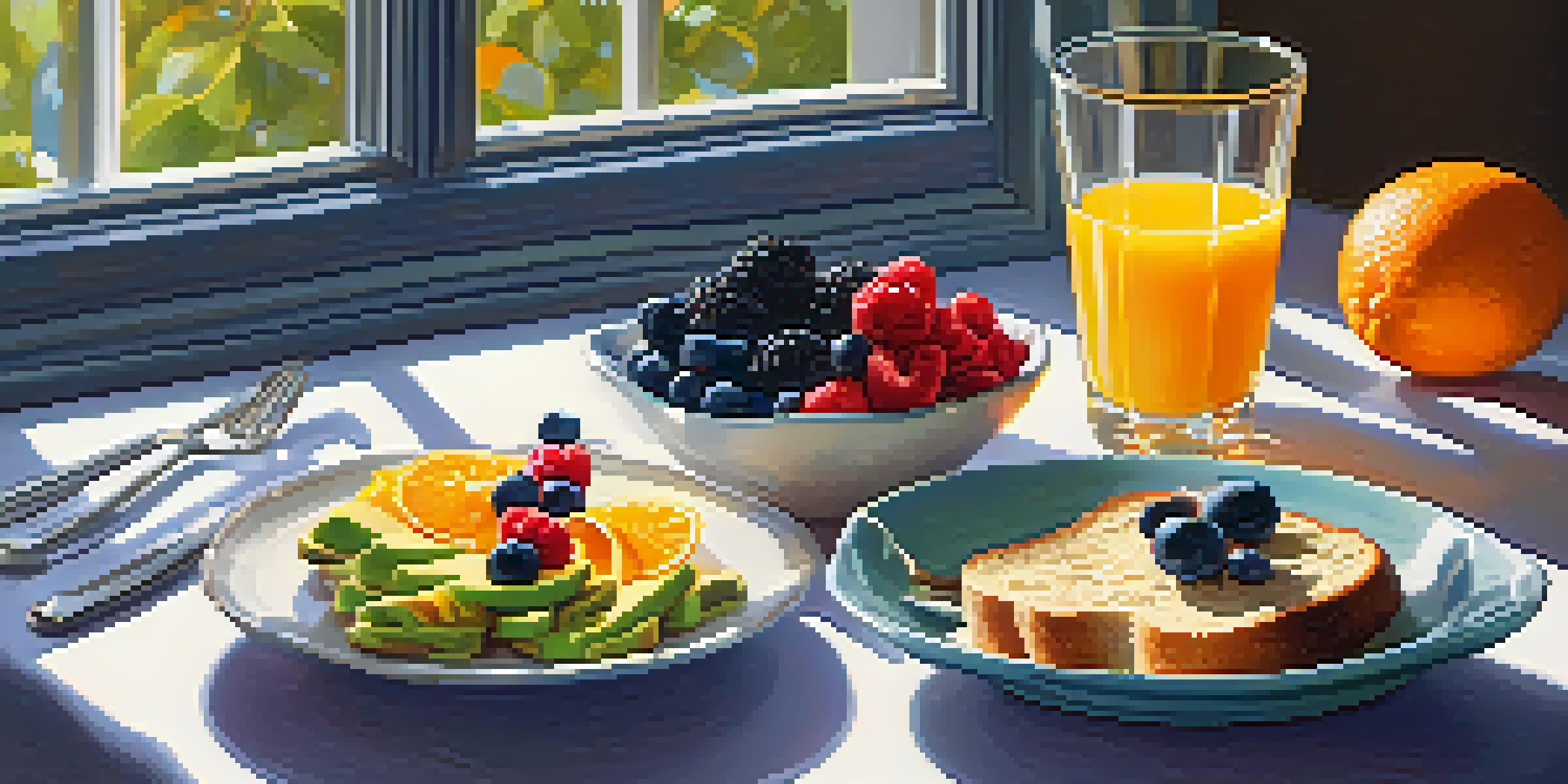 A breakfast table filled with healthy foods like oatmeal with berries, avocado toast, and orange juice, illuminated by sunlight.