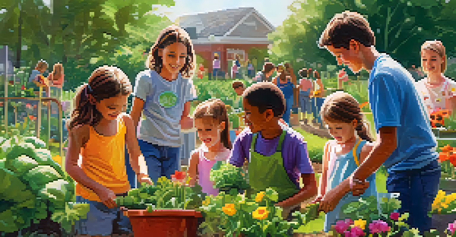 Children and parents volunteering together in a community garden, planting flowers and vegetables with smiles.