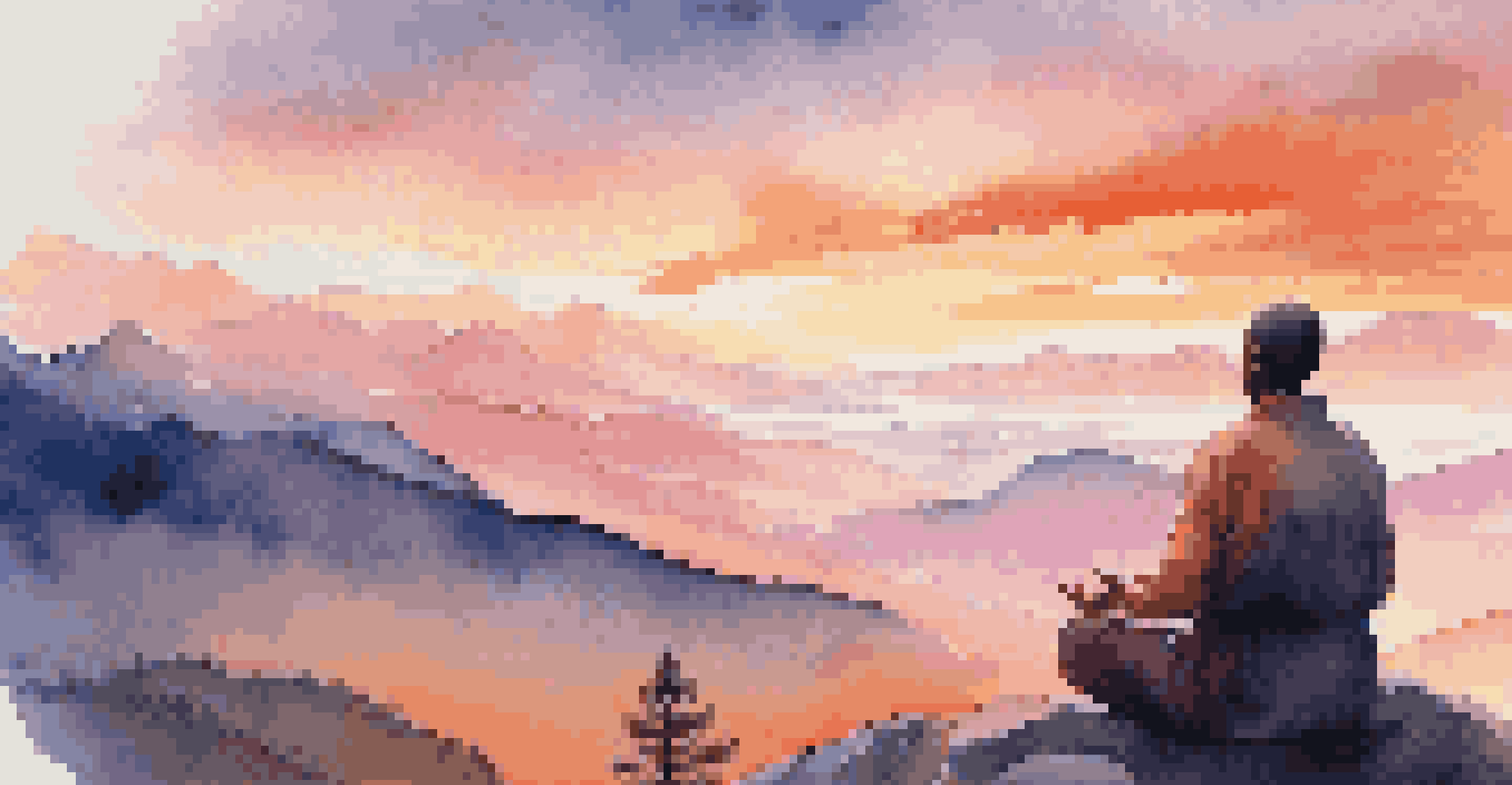 A person meditating on a mountain peak at sunrise, with colorful skies and a stunning valley view.