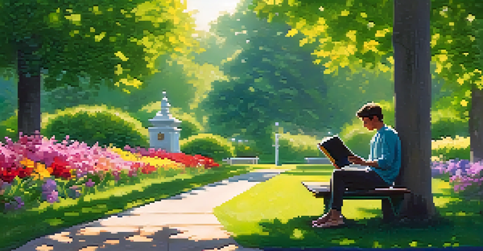 A person reading a book on a park bench surrounded by greenery and flowers, illustrating a peaceful digital detox experience.