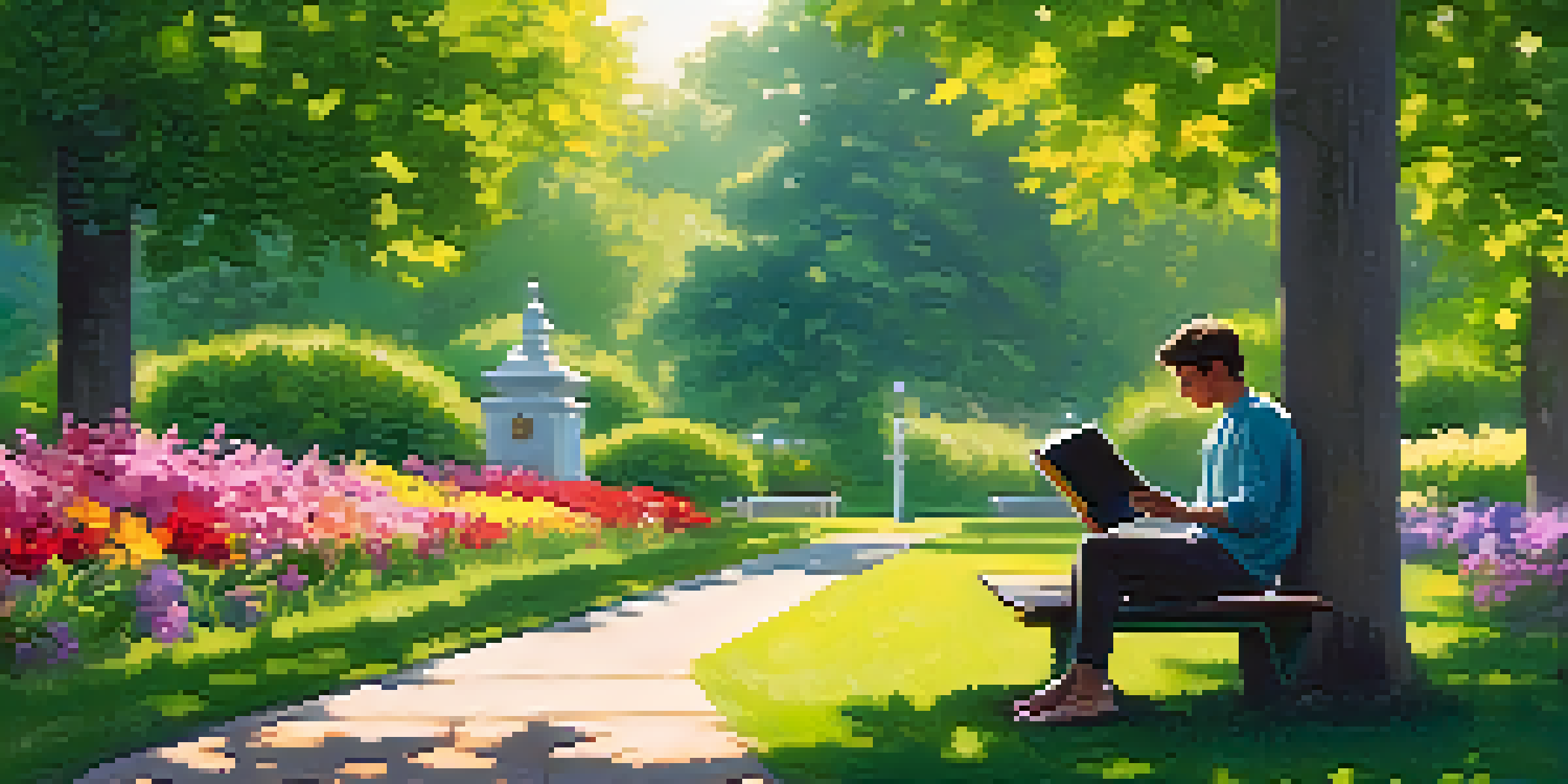 A person reading a book on a park bench surrounded by greenery and flowers, illustrating a peaceful digital detox experience.