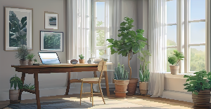 A tranquil workspace with a wooden desk, laptop, herbal tea, and potted plants, illuminated by soft natural light.