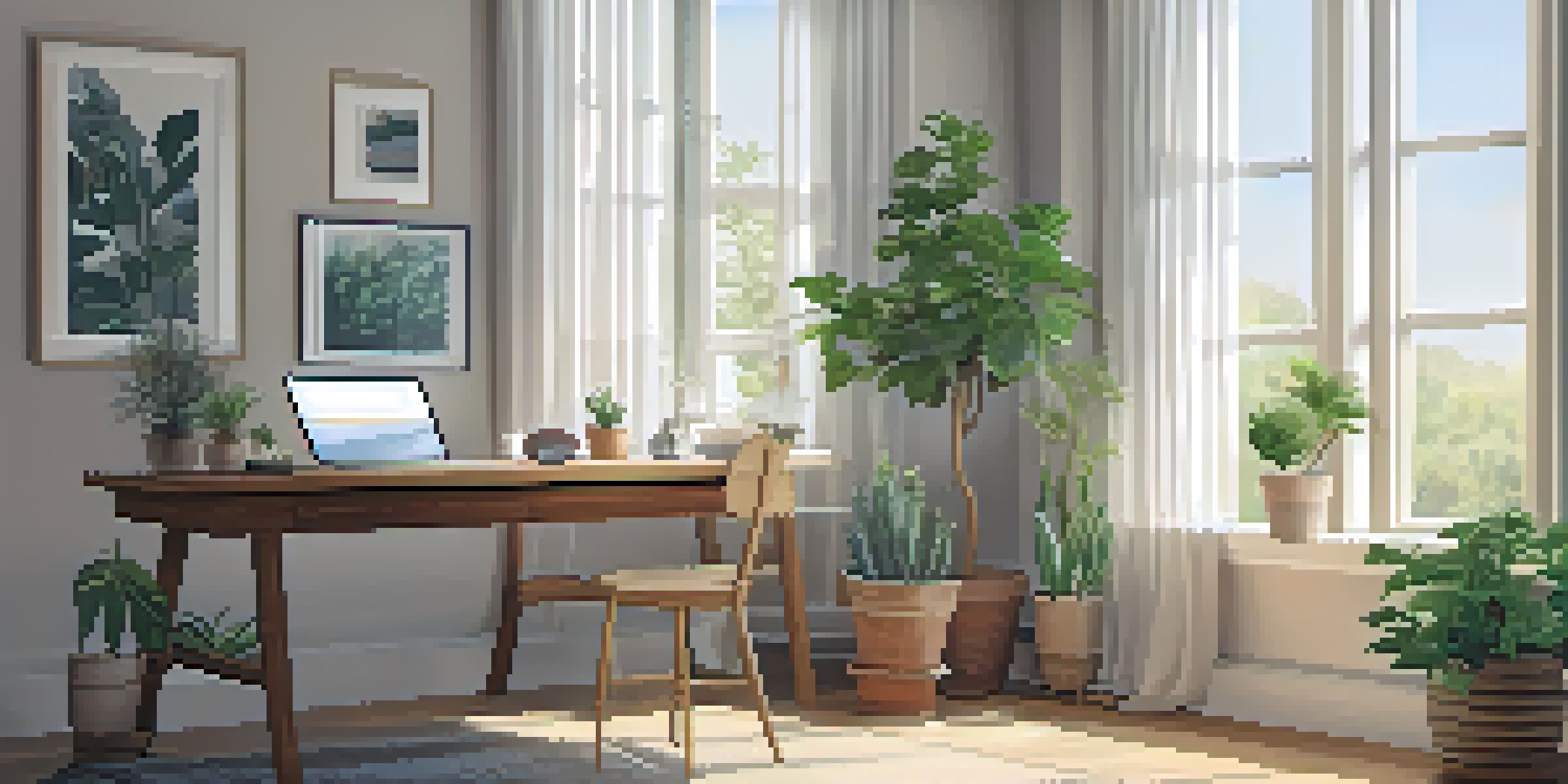 A tranquil workspace with a wooden desk, laptop, herbal tea, and potted plants, illuminated by soft natural light.