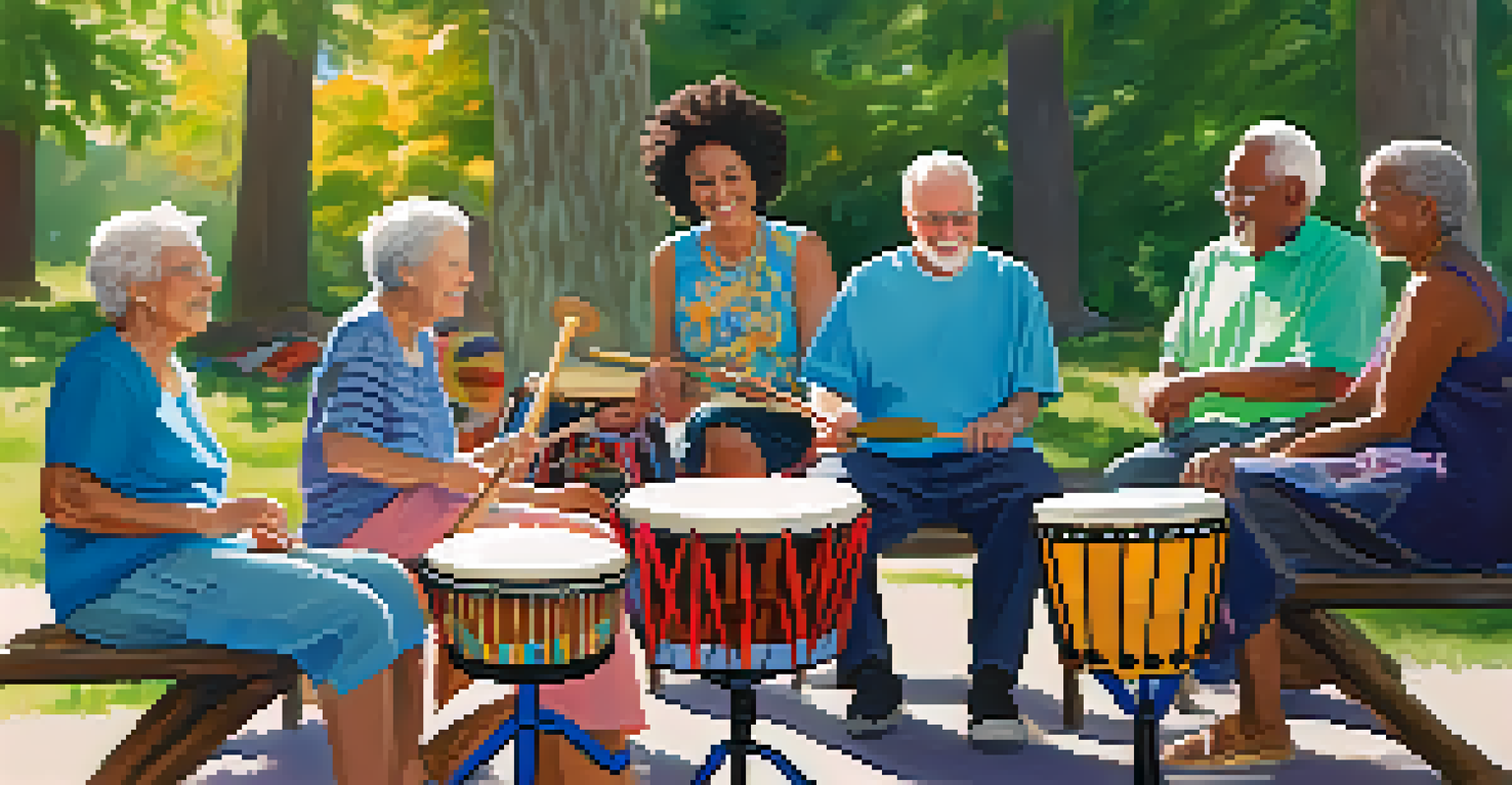 Seniors engaged in a joyful outdoor drumming circle, showcasing the vibrant atmosphere of group music therapy.