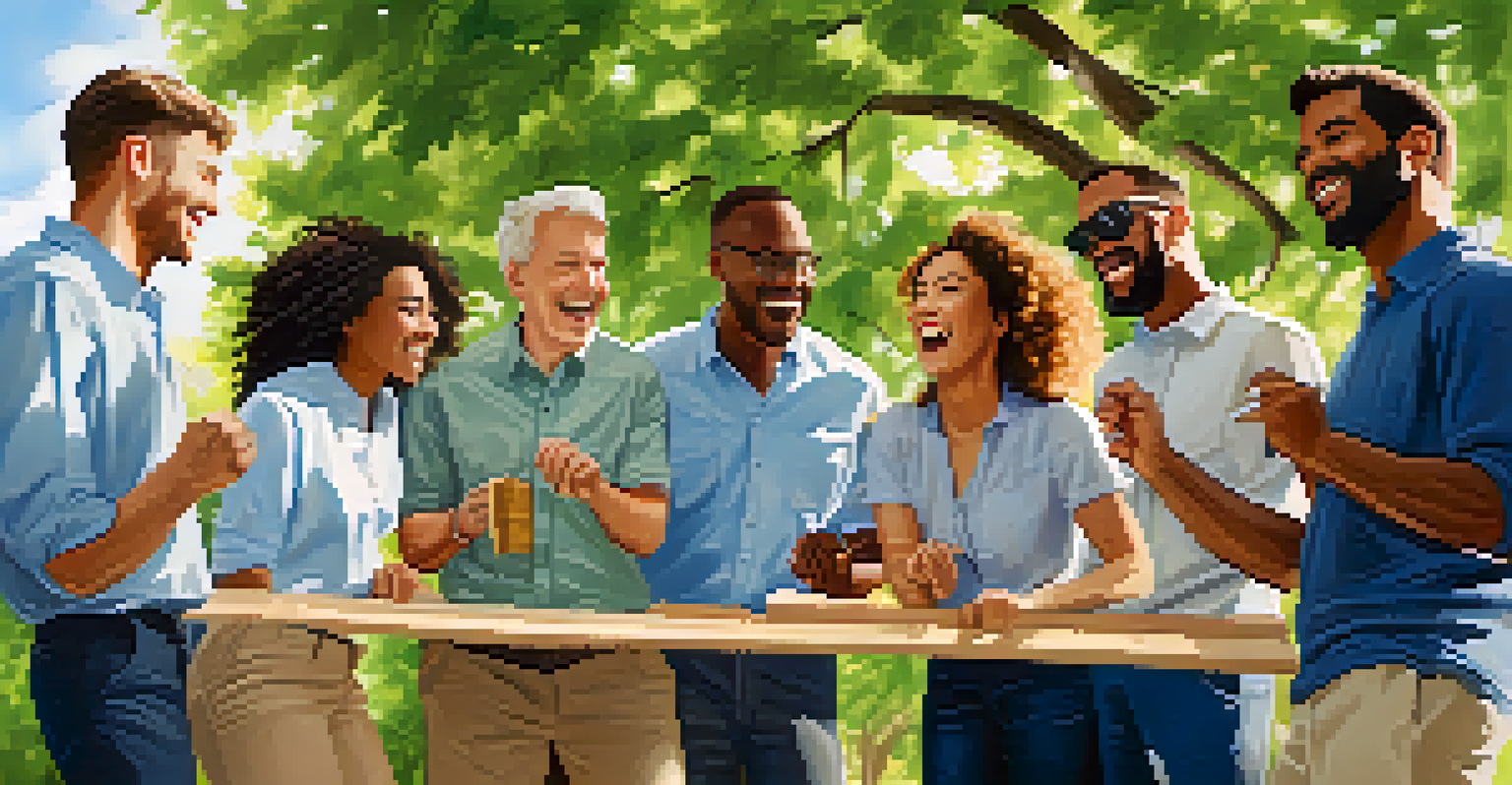 A diverse group of colleagues outdoors, laughing and collaborating on a team-building activity in a green setting.