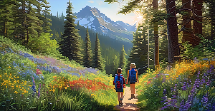 A family hiking on a bright trail with children pointing at wildflowers, enjoying a day outdoors.