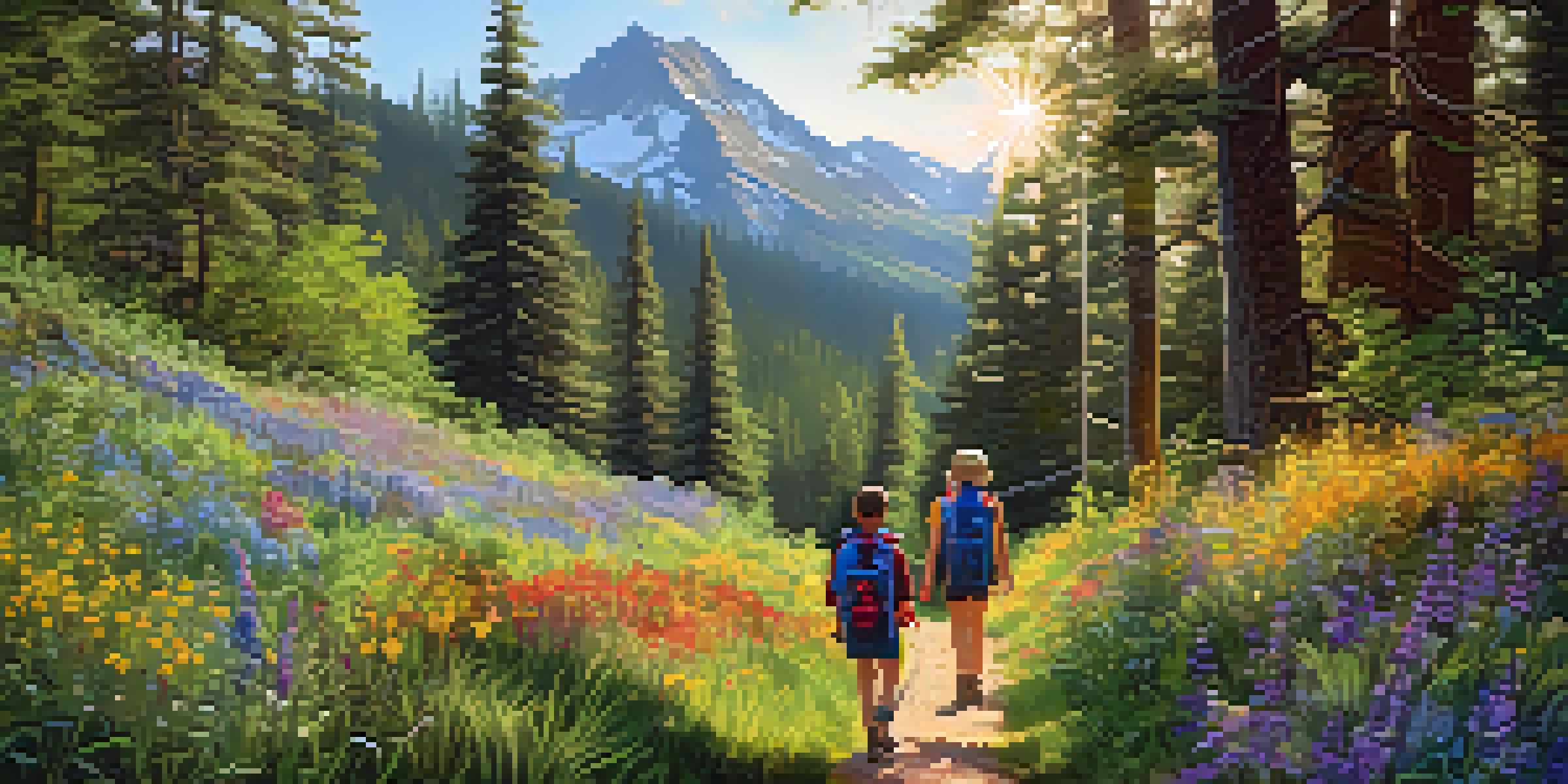 A family hiking on a bright trail with children pointing at wildflowers, enjoying a day outdoors.