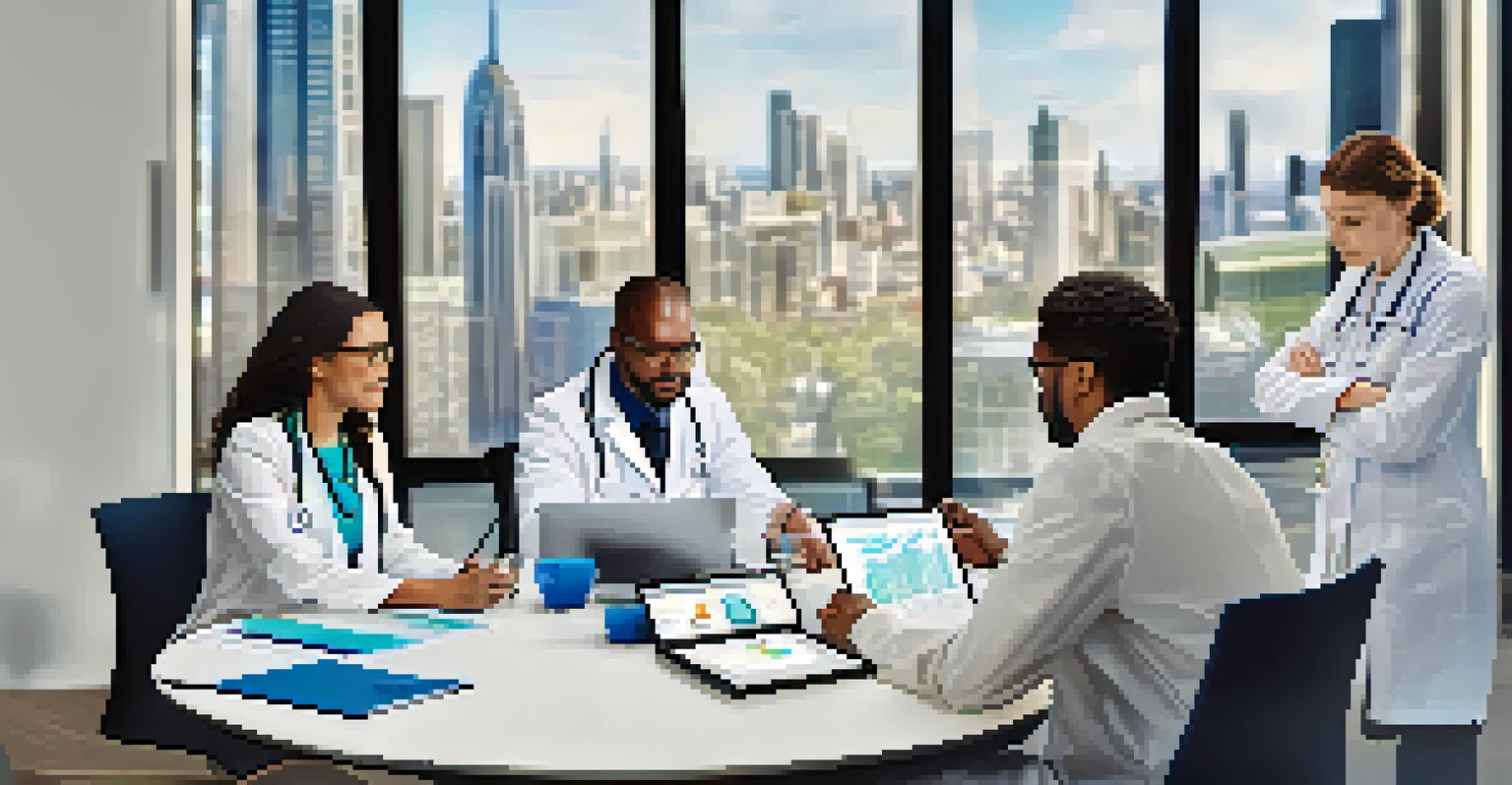 A diverse group of healthcare professionals discussing telemedicine strategies at a table, with laptops and charts in a bright modern room with city skyline views.