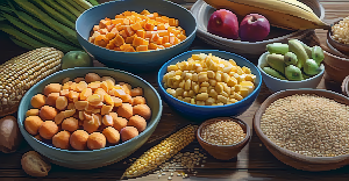 A variety of carbohydrate-rich foods displayed on a wooden table, including whole grains, fruits, and vegetables, with warm lighting.