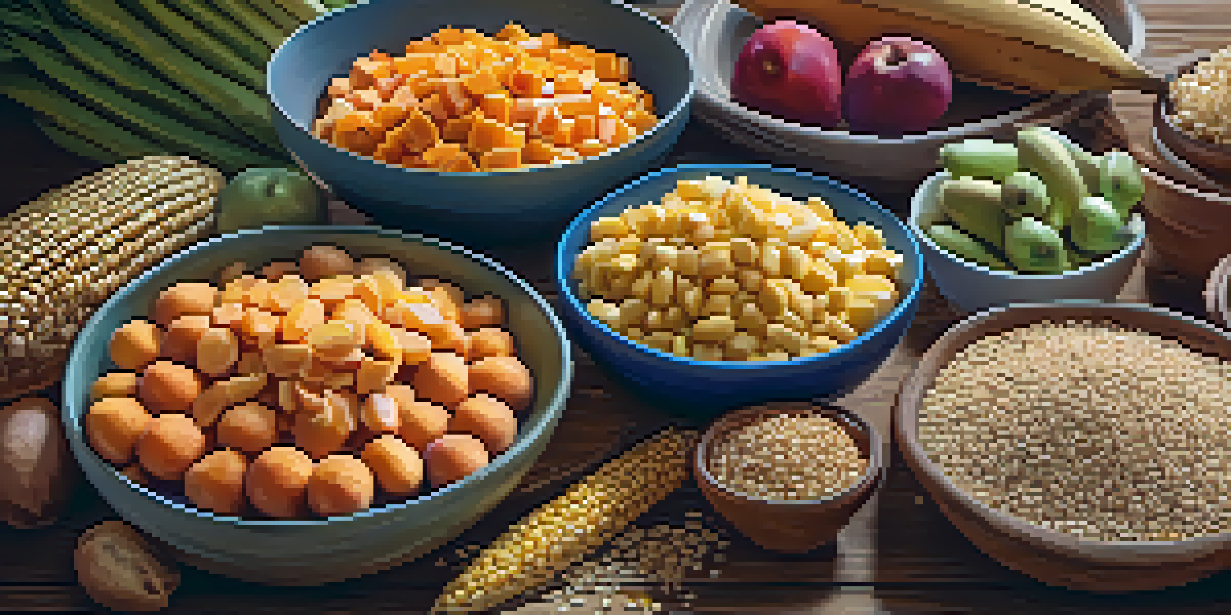 A variety of carbohydrate-rich foods displayed on a wooden table, including whole grains, fruits, and vegetables, with warm lighting.