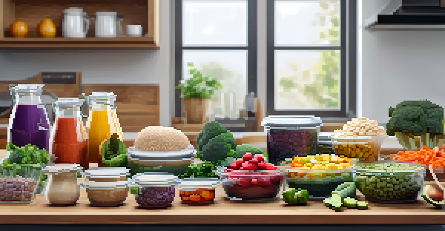 A beautifully arranged meal prep with colorful healthy foods in glass containers on a wooden countertop.