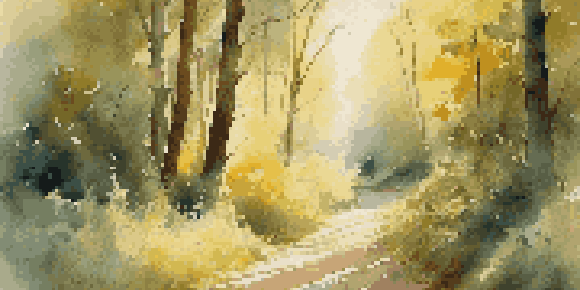 A peaceful forest landscape with sunlight shining through the trees and a winding path surrounded by wildflowers.