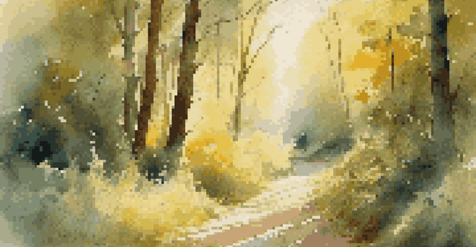 A peaceful forest landscape with sunlight shining through the trees and a winding path surrounded by wildflowers.