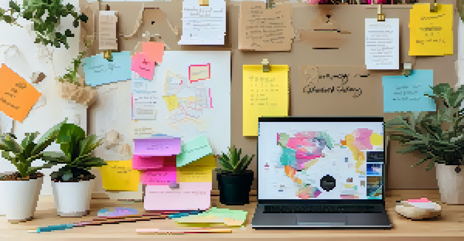 An inspiring workspace with a wooden desk, motivational quotes, a laptop with a vision board, and potted plants.
