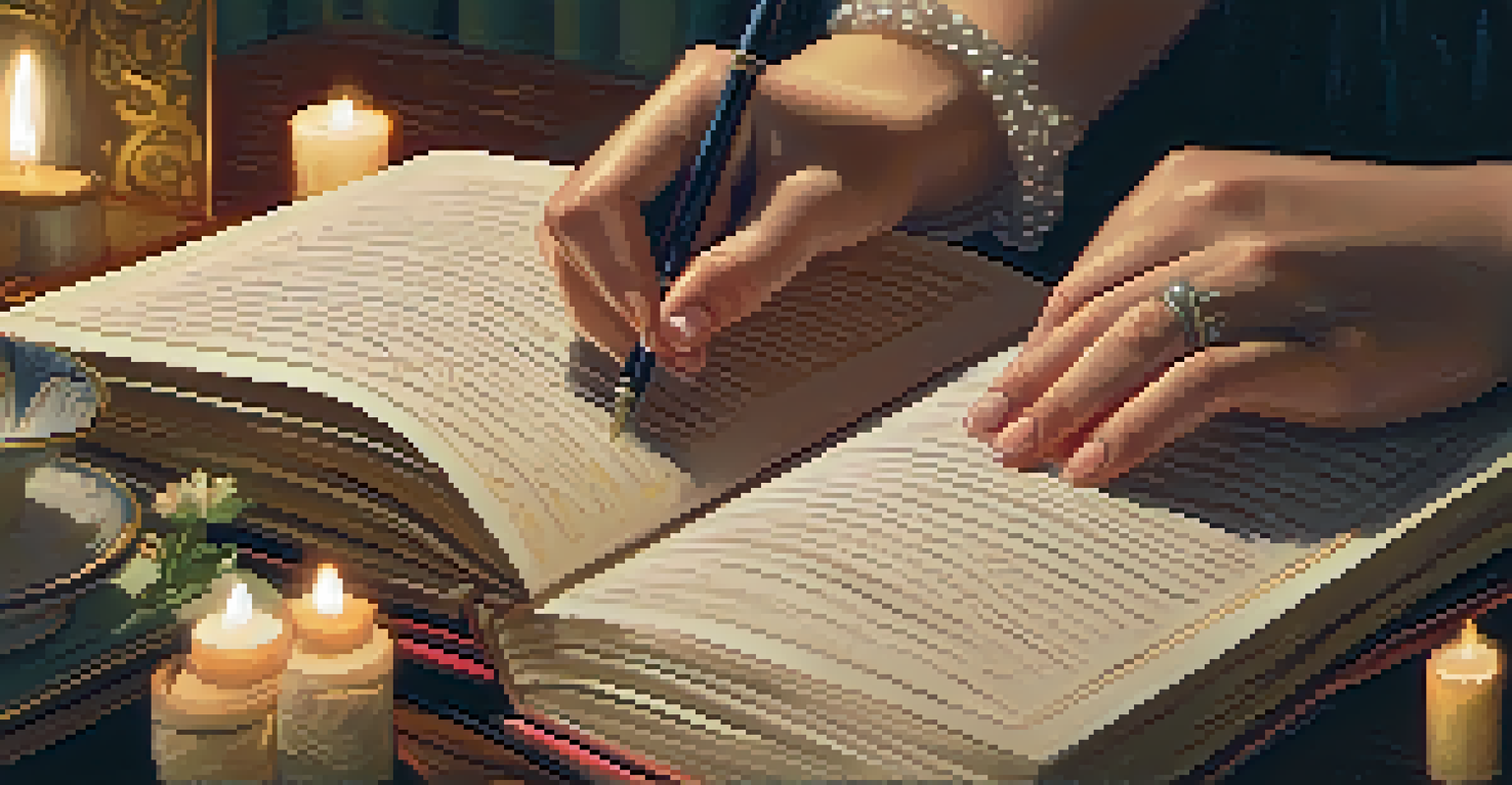 Close-up of hands writing in a beautifully decorated journal with a vintage pen, surrounded by soft candlelight and flowers.
