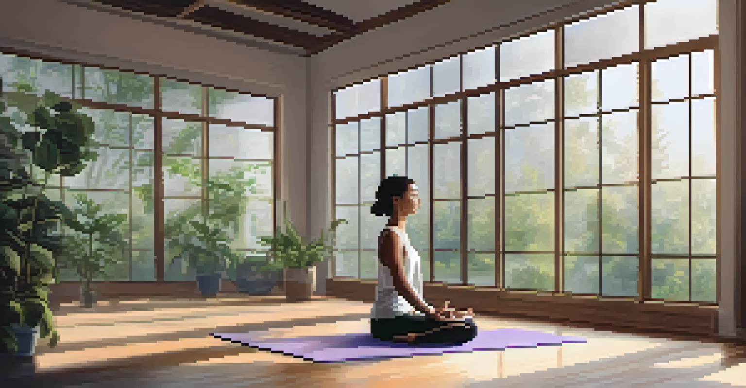A person meditating on a yoga mat in a bright indoor yoga studio, surrounded by plants and soft furnishings.