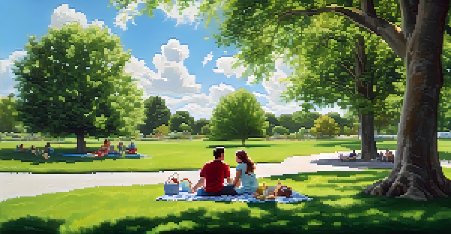 A couple having a picnic on a blanket in a sunny park, surrounded by children playing.