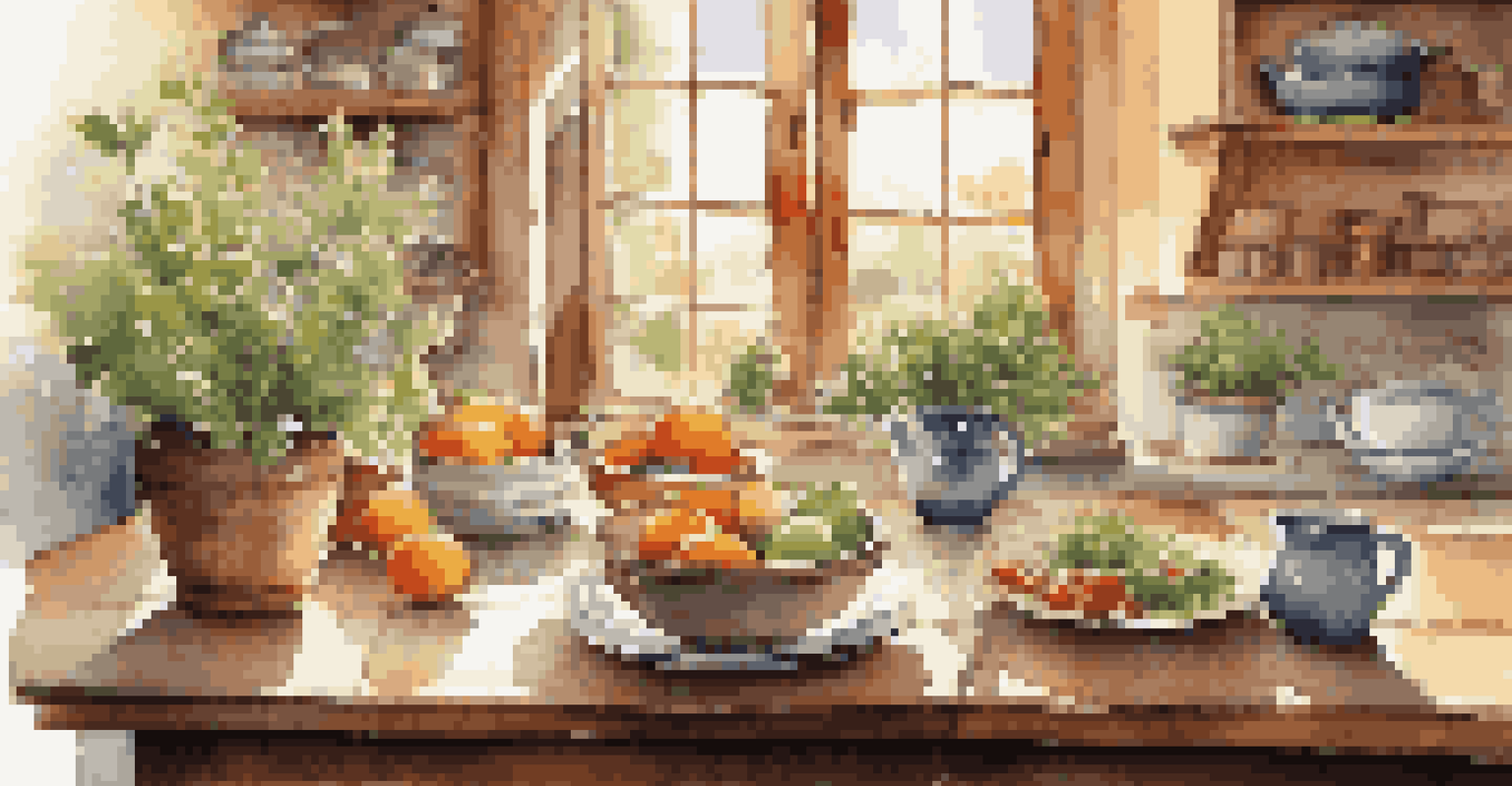 A cozy kitchen with a wooden table set for breakfast, including fruit, herbal tea, and an open cookbook, illuminated by sunlight.