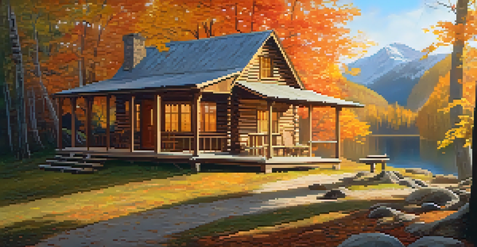 A cozy cabin in the woods surrounded by colorful autumn leaves and soft sunlight filtering through the trees.