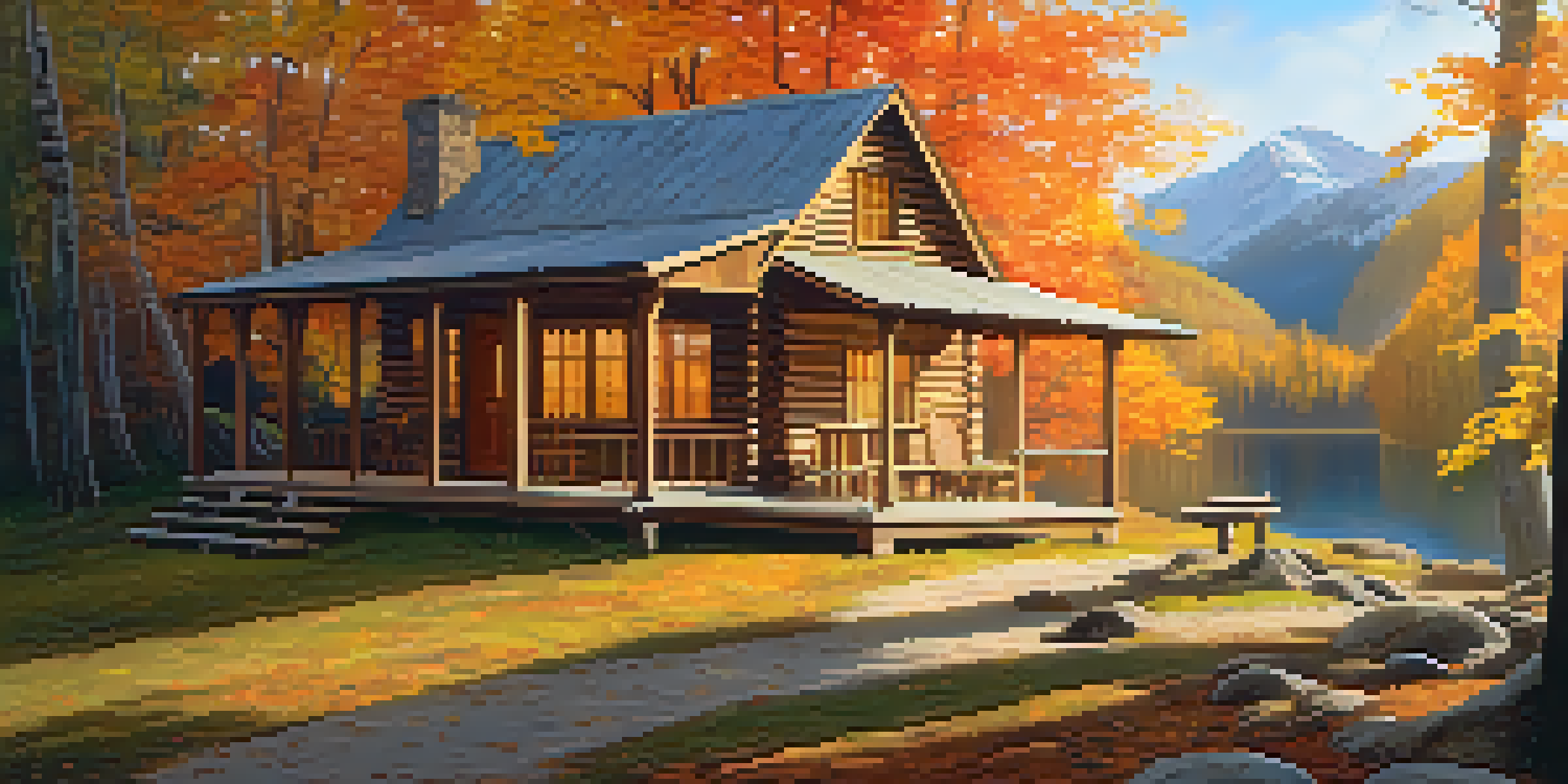 A cozy cabin in the woods surrounded by colorful autumn leaves and soft sunlight filtering through the trees.