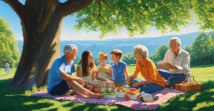 A joyful family picnic in a sunny park with multiple generations sitting together on a blanket, sharing food and laughter amidst vibrant nature.