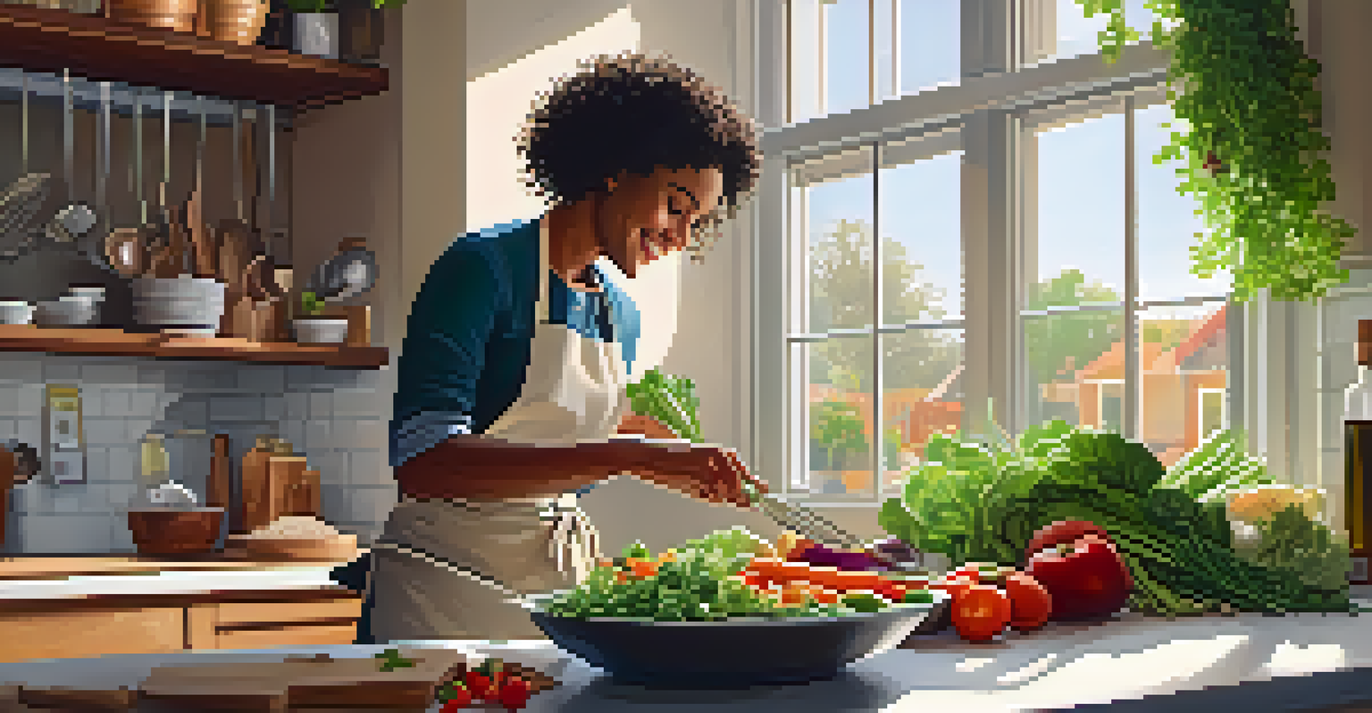 A smiling chef in a cozy kitchen preparing a plant-based meal, surrounded by fresh ingredients under warm sunlight.