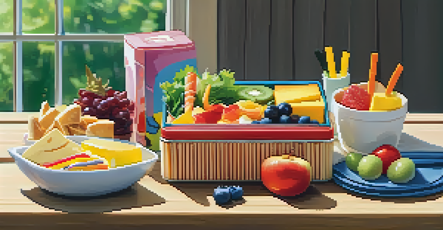 A colorful bento box filled with healthy lunch options like crackers, cheese, veggies, and fruits.
