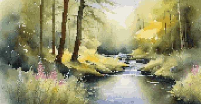 A peaceful forest scene with sunlight shining through the trees and a gentle stream, surrounded by colorful wildflowers.