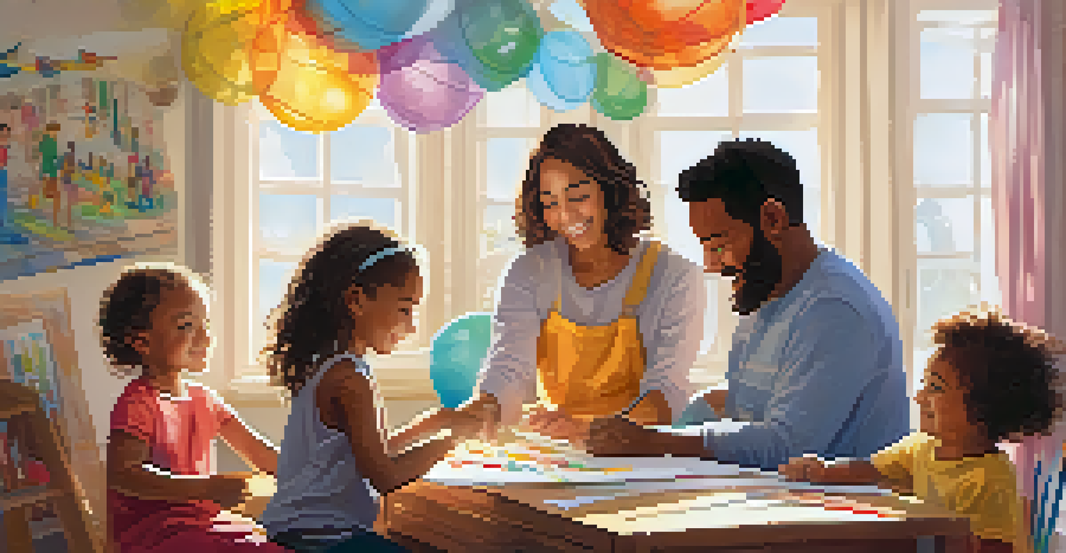 A family participating in a collaborative activity in a workshop, showcasing teamwork and positive interaction in a bright, colorful room.