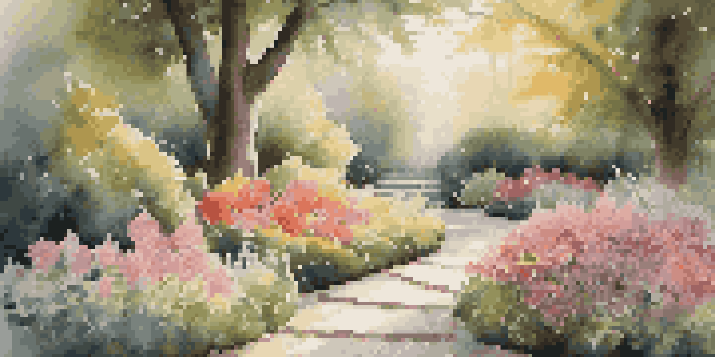 A peaceful garden at dawn, filled with colorful flowers and sunlight filtering through trees.