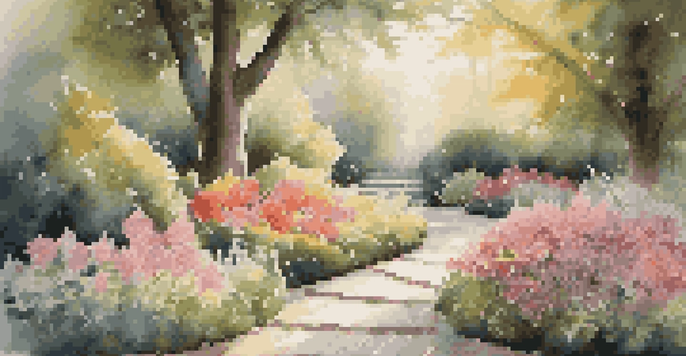 A peaceful garden at dawn, filled with colorful flowers and sunlight filtering through trees.