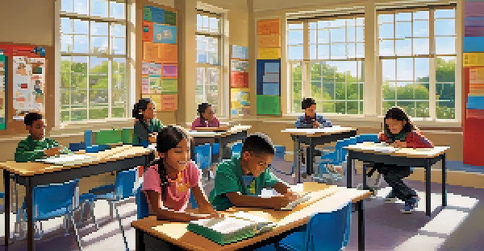 A diverse group of students in a classroom participating in a role-playing exercise to improve emotional intelligence, with natural light and colorful educational materials.