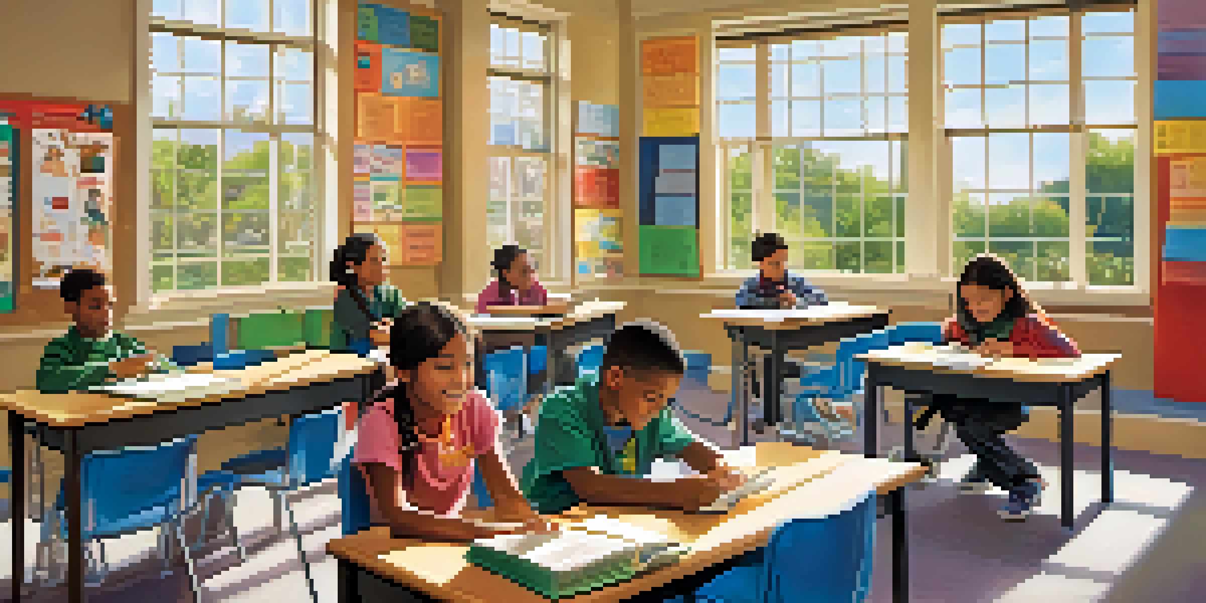 A diverse group of students in a classroom participating in a role-playing exercise to improve emotional intelligence, with natural light and colorful educational materials.