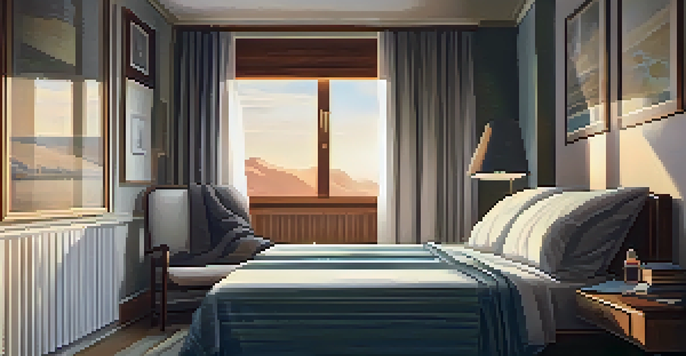 A cozy hotel room with a soft-lit ambiance, featuring a neatly made bed, a bedside table with a lamp, and personal travel items that create a restful atmosphere.