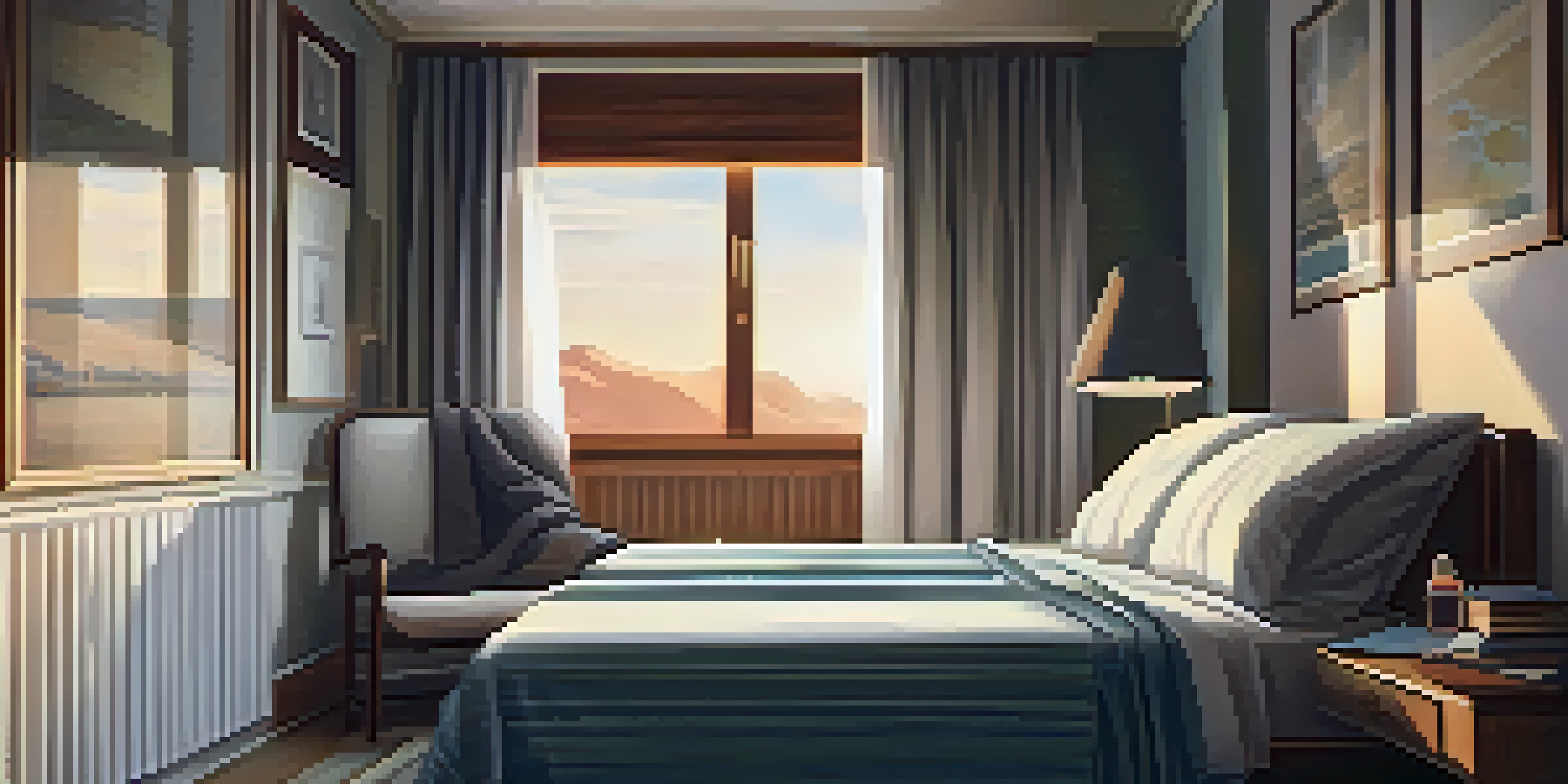 A cozy hotel room with a soft-lit ambiance, featuring a neatly made bed, a bedside table with a lamp, and personal travel items that create a restful atmosphere.