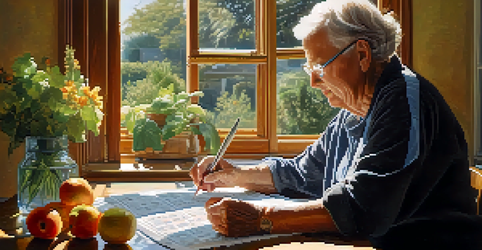 An older adult solving a crossword puzzle at a sunlit kitchen table with fresh fruits and a glass of water around.