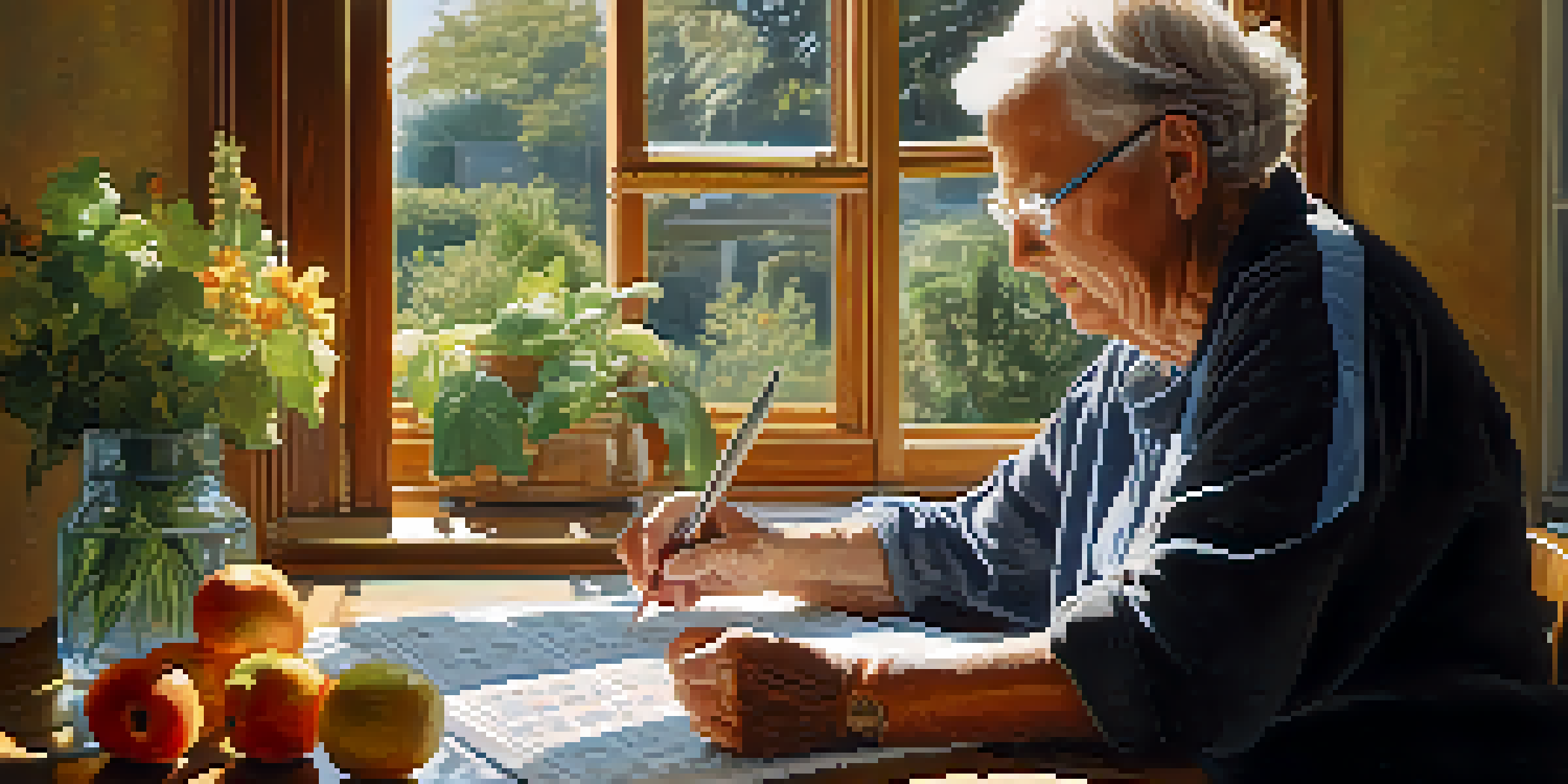An older adult solving a crossword puzzle at a sunlit kitchen table with fresh fruits and a glass of water around.