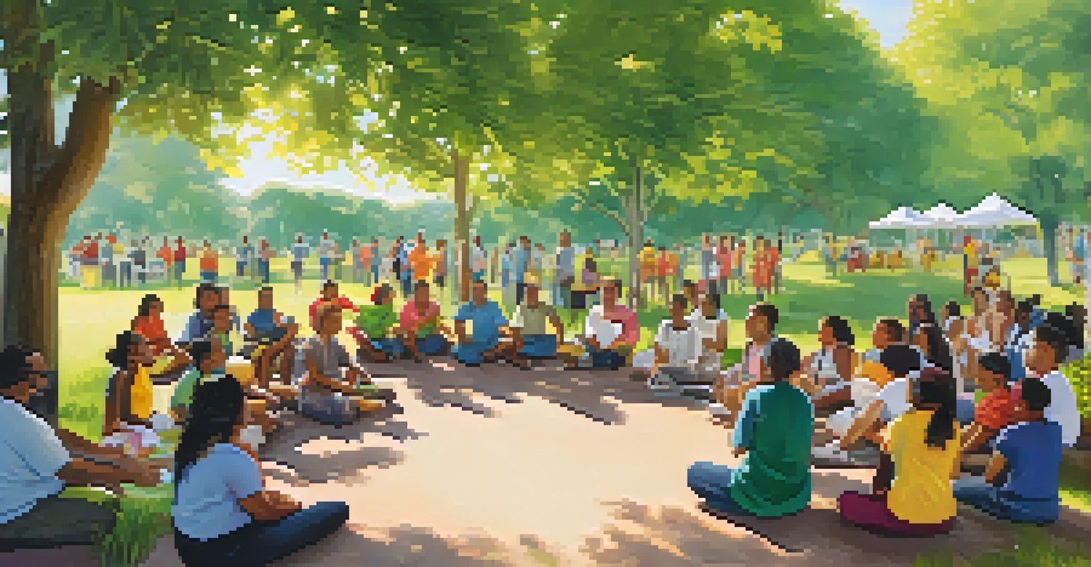 A cultural broker leading a health workshop in a park with community members engaged in discussions about healthy living.