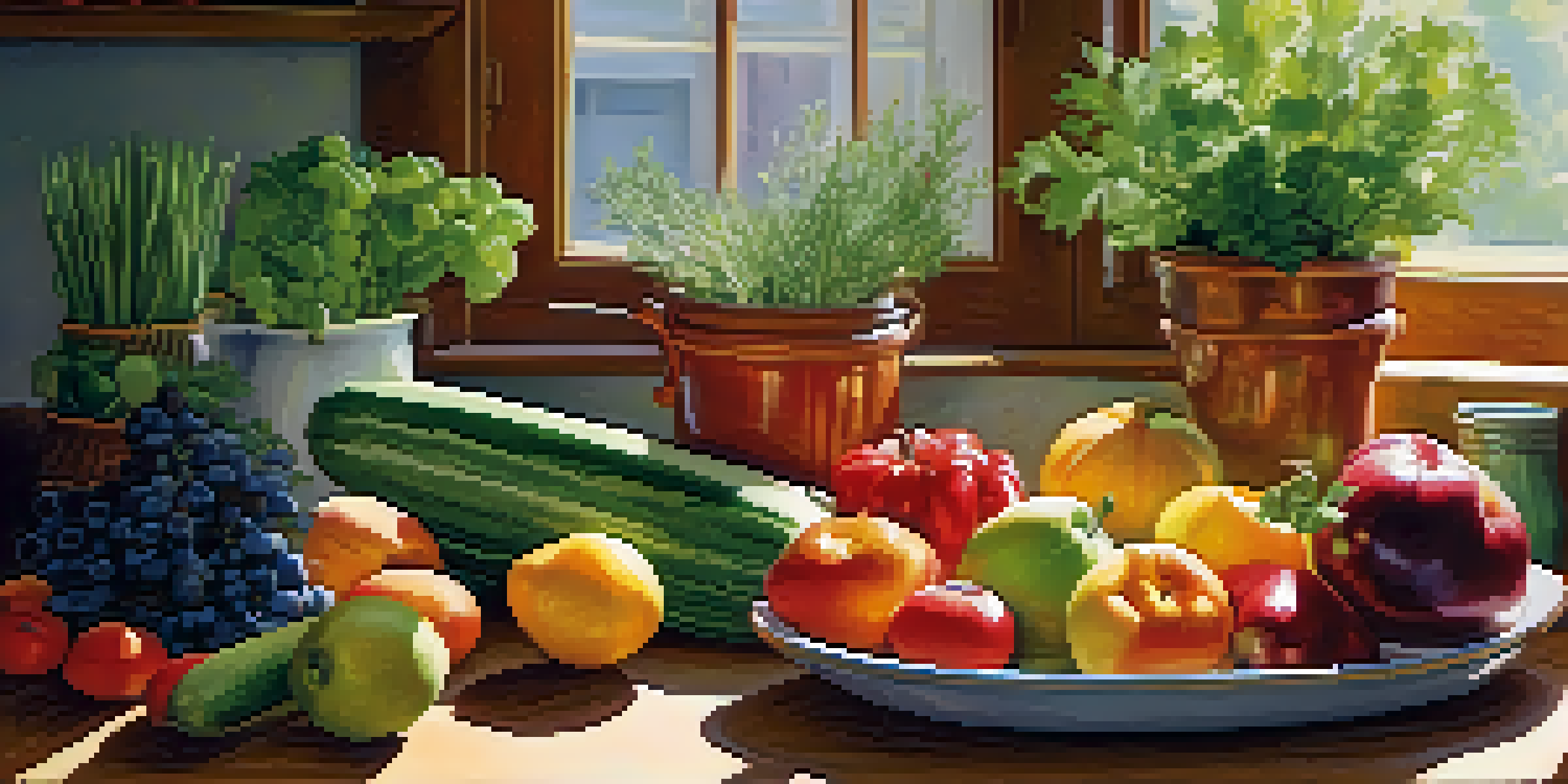 A bright kitchen filled with fresh fruits and vegetables on a wooden countertop, illuminated by sunlight.