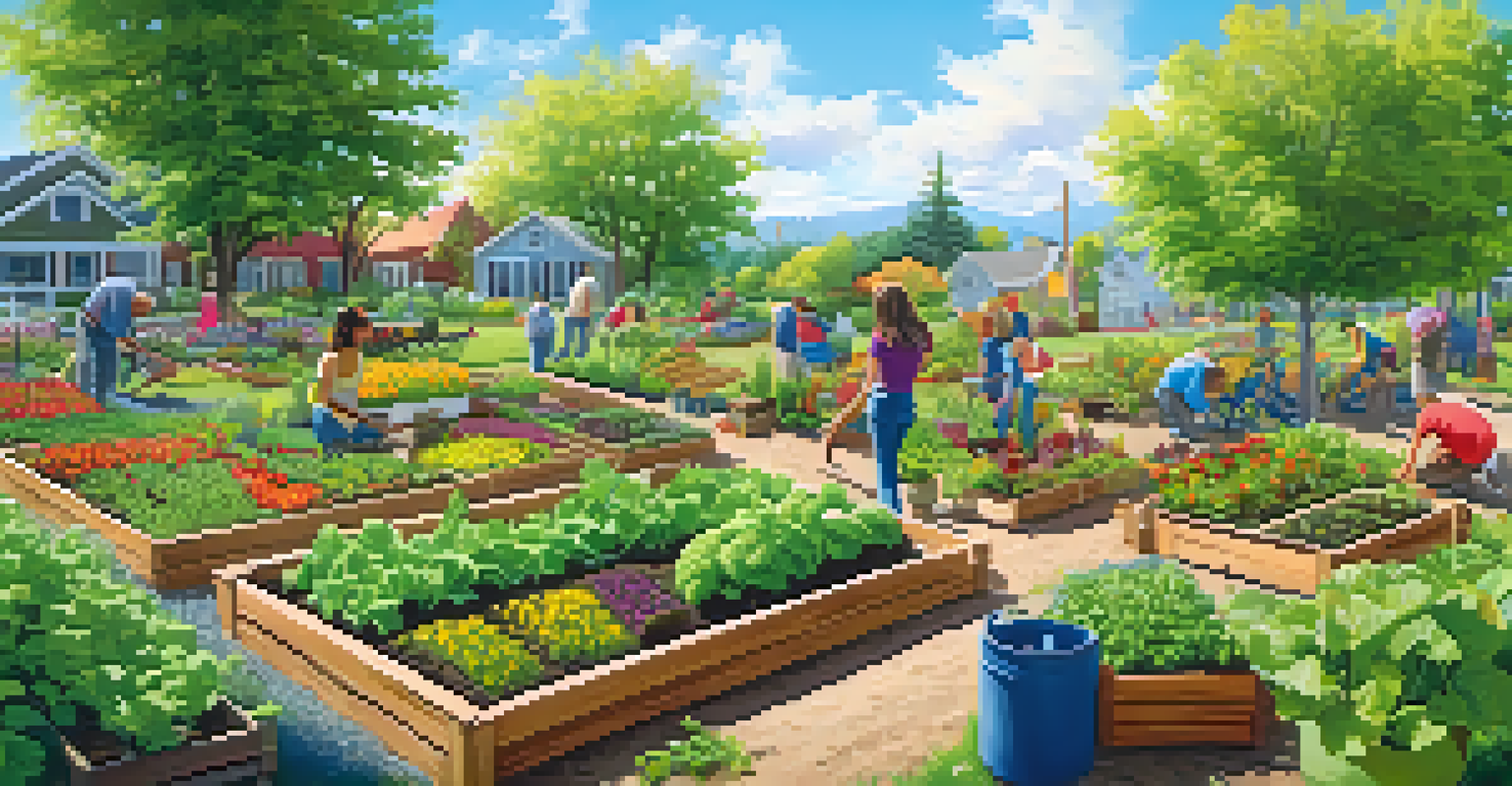 A community garden with people planting and harvesting vegetables in a vibrant, sunny setting.