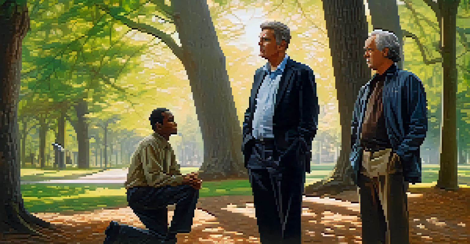 A mediator addressing two individuals in conflict in a peaceful park, showcasing open body language and emotional expressions.